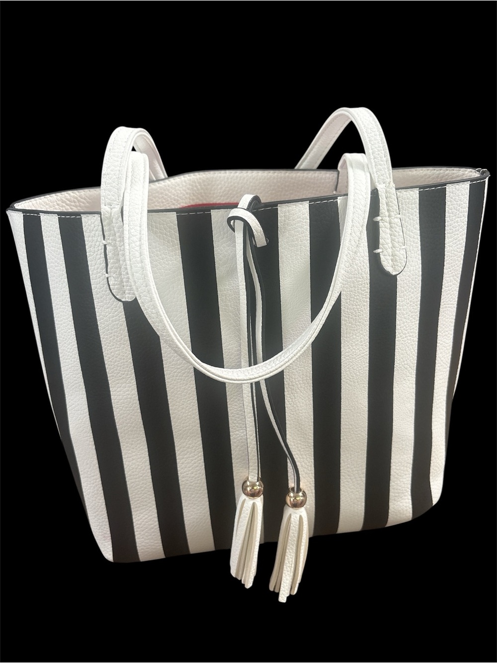 NWT Imoshion Striped Black & White Tote Bag with Tassel Drawstring, Reversible.
